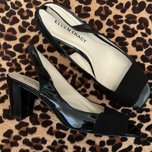 Ellen Tracy Black Patent Leather Peep Toe Slingback Pumps - Size 8M